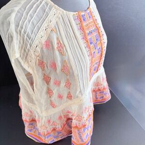 Free People embroidered peasant top sheer boho colorful rare oversized X Small